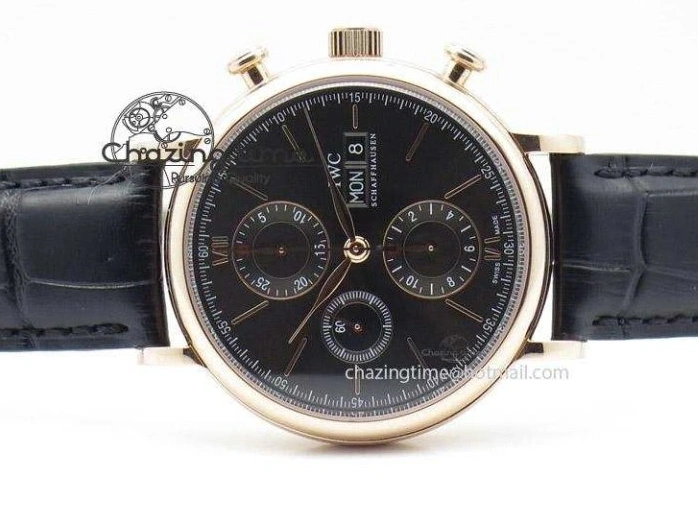 MIROTIME 0125 Portofino Chrono RG Black Dial on Black Leather Strap A HighPerformance 7389